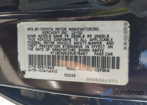 2003 Toyota Camry Le/Xle/Se z USA, uszkodzony, nr VIN 4T1BE32K23U676467